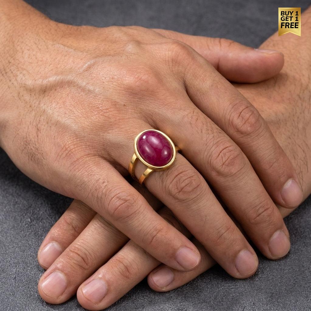 Pink Aventurine Stone Golden Dual Band Oval Ring | 18K Real Gold PVD Plated– For Men | Includes: Ring