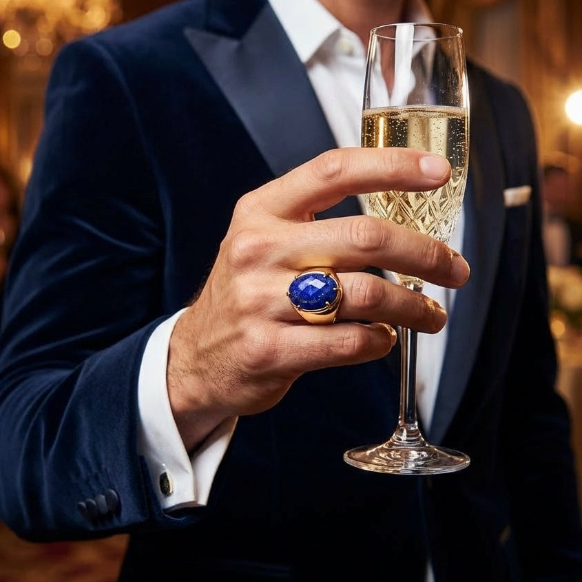 Natural Lapis Lazuli Faceted Stone Golden Flexi Size Ring | 18K Real Gold PVD Plated– For Men | Includes: Ring