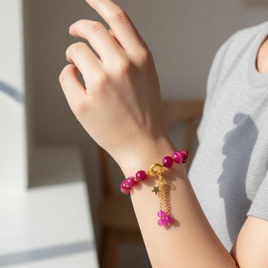 Blushy beads Bracelet | Pink Banded Agate Stone & 18k Gold Plated - For Women | Includes: Bracelet