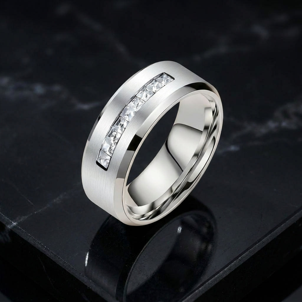 Steel Titanium Zircon Stub Modern Ring | PVD Plated– For Men | Includes: Ring