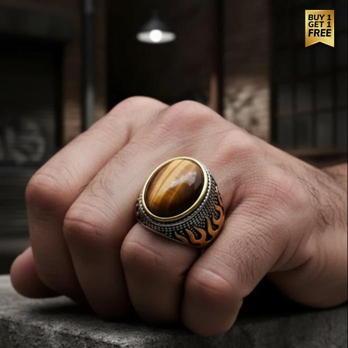 Ultra Bold Tiger Strength Fire Ring | Tiger Eye Stone - For Men | Includes: Ring