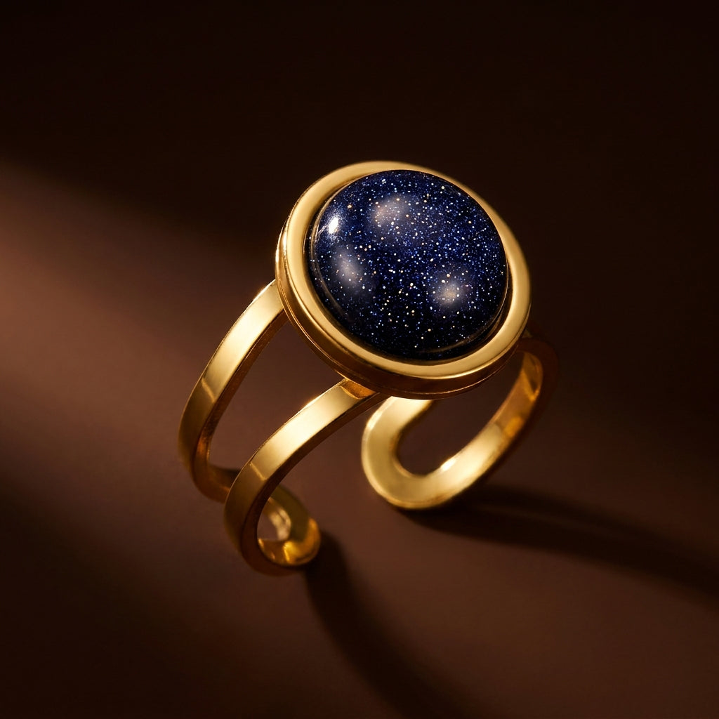 Blue Sand Stone Flexi Size Golden Ring | 18K Real Gold PVD Plated– For Men | Includes: Ring