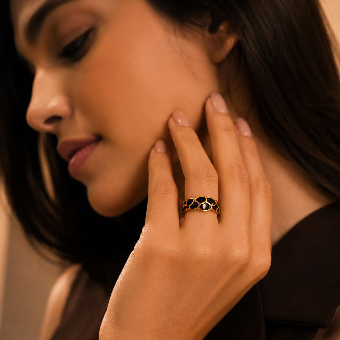 Black Mosaic Textured Flexi Size Ring | 18K PVD Gold Plated- For Women | Includes: Ring