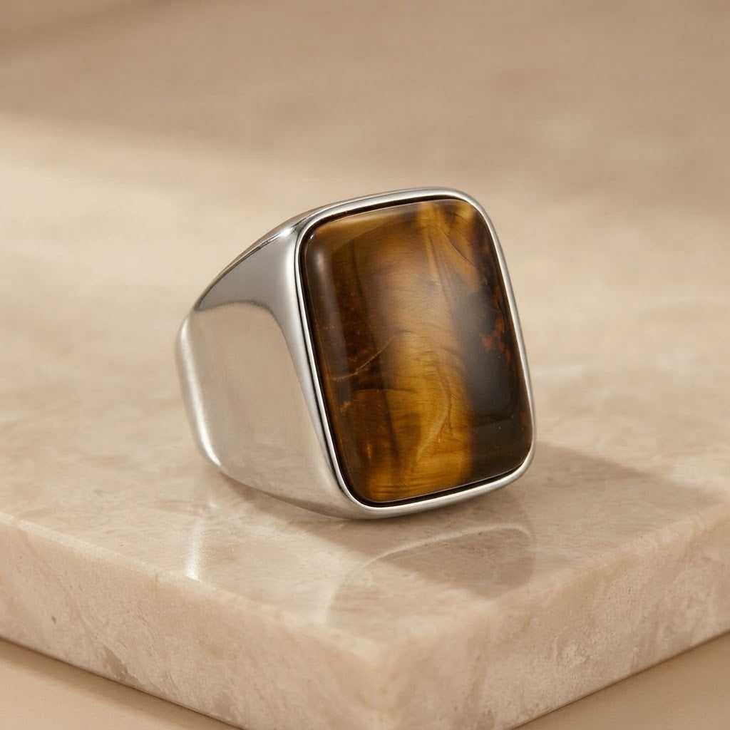 Natural BOLD Tiger Eye Stone Golden Titanium Steel Ring | PVD Plated– For Men | Includes: Ring