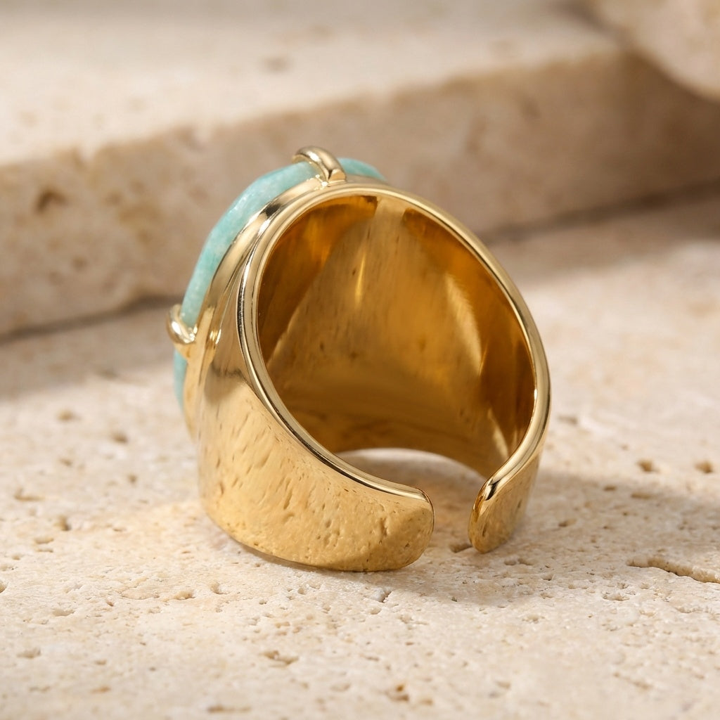 Natural Amazonite Faceted Stone Golden Flexi Size Ring | 18K Real Gold PVD Plated– For Men | Includes: Ring