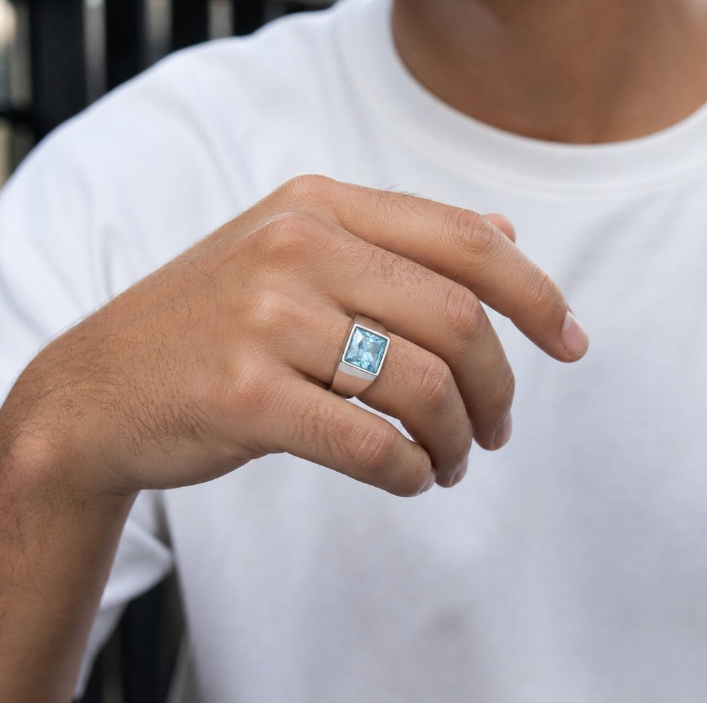 Regular Watery Blue Square Zircon Titanium Ring | PVD Plated– For Men | Includes: Ring
