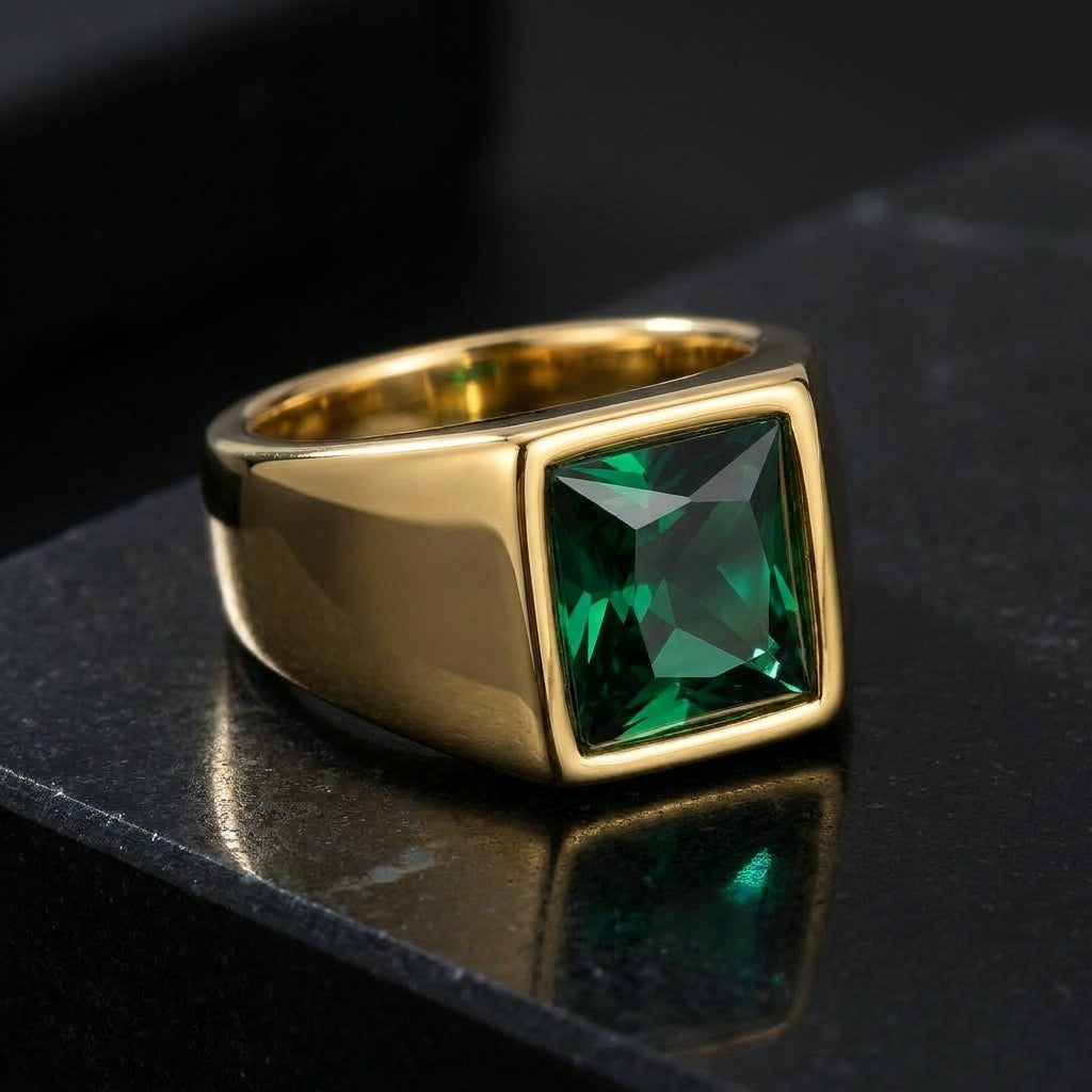 Golden Regular Green Square Zircon Titanium Ring | 18K Real Gold PVD Plated– For Men | Includes: Ring