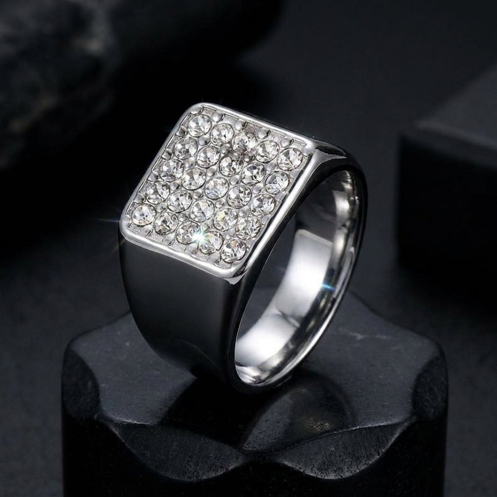 Titanium Multi Zircon Square Inlay Steel Ring | PVD Plated– For Men | Includes: Ring