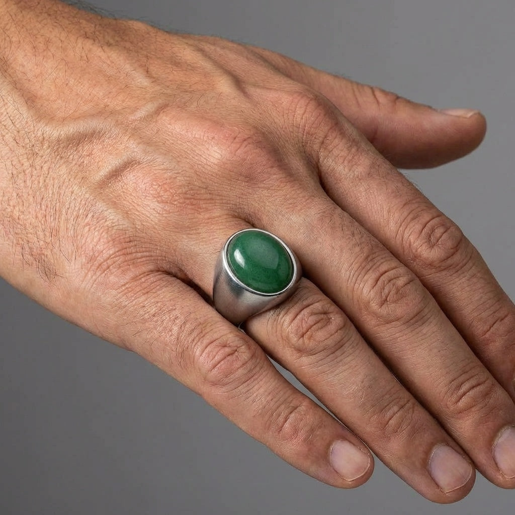 Natural Green Jade Stone Golden Titanium Steel Ring | PVD Plated– For Men | Includes: Ring