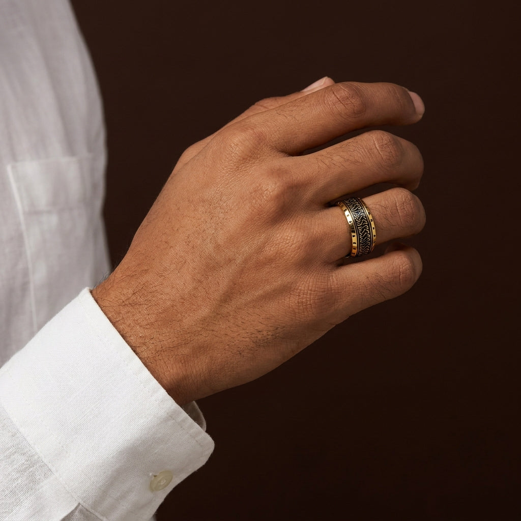 Ethnic Classic Golden Ring | 18K Real Gold PVD Plated– For Men | Includes: Ring