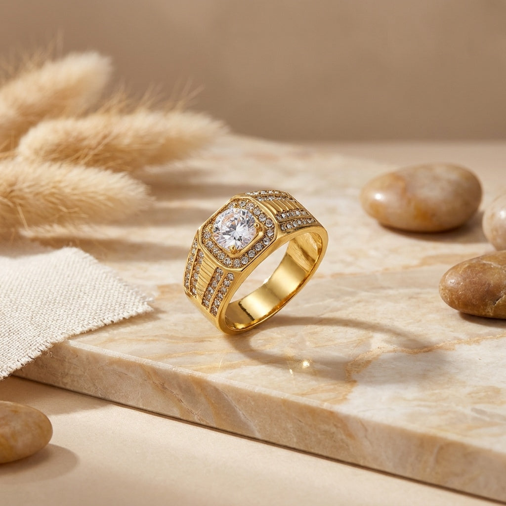 Classic Heritage Clear Zircon Ring | 18K Real Gold PVD Plated– For Men | Includes: Ring