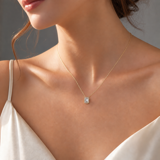 Beloved Clear RECTANGLE HALO & Heart Charm Necklace | Gold-Tone - For Women | Includes: Necklace