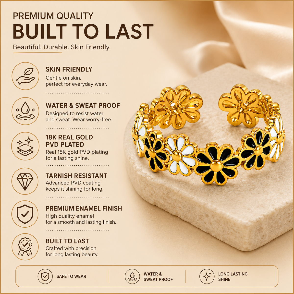 Black-White Flower Flexi Size Ring | 18K PVD Gold Plated- For Women | Includes: Ring