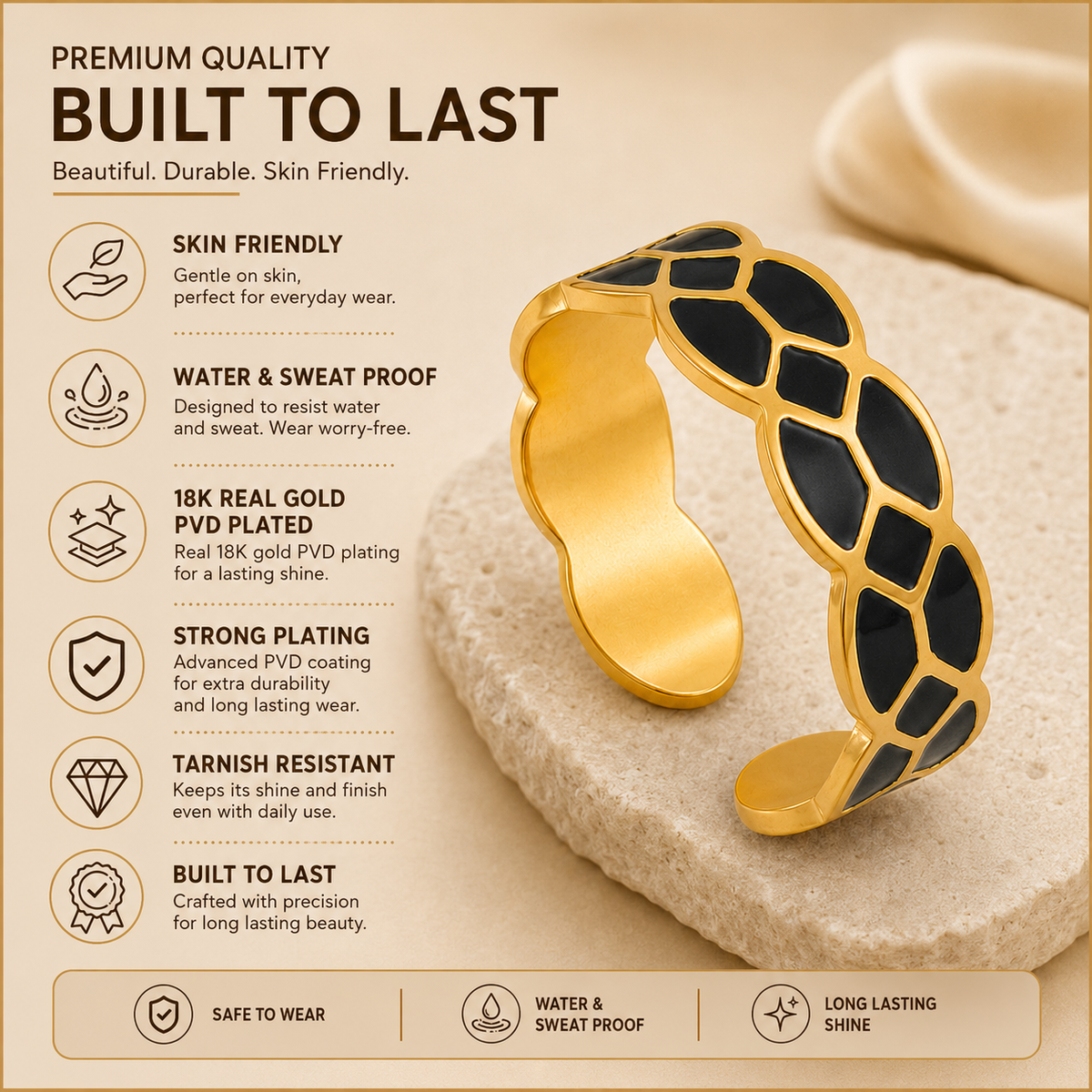 Black Mosaic Textured Flexi Size Ring | 18K PVD Gold Plated- For Women | Includes: Ring
