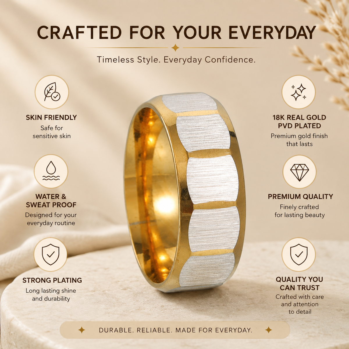 Everyday Textured Designer Golden STEEL Ring | 18K PVD Gold Plated- For Women | Includes: Ring
