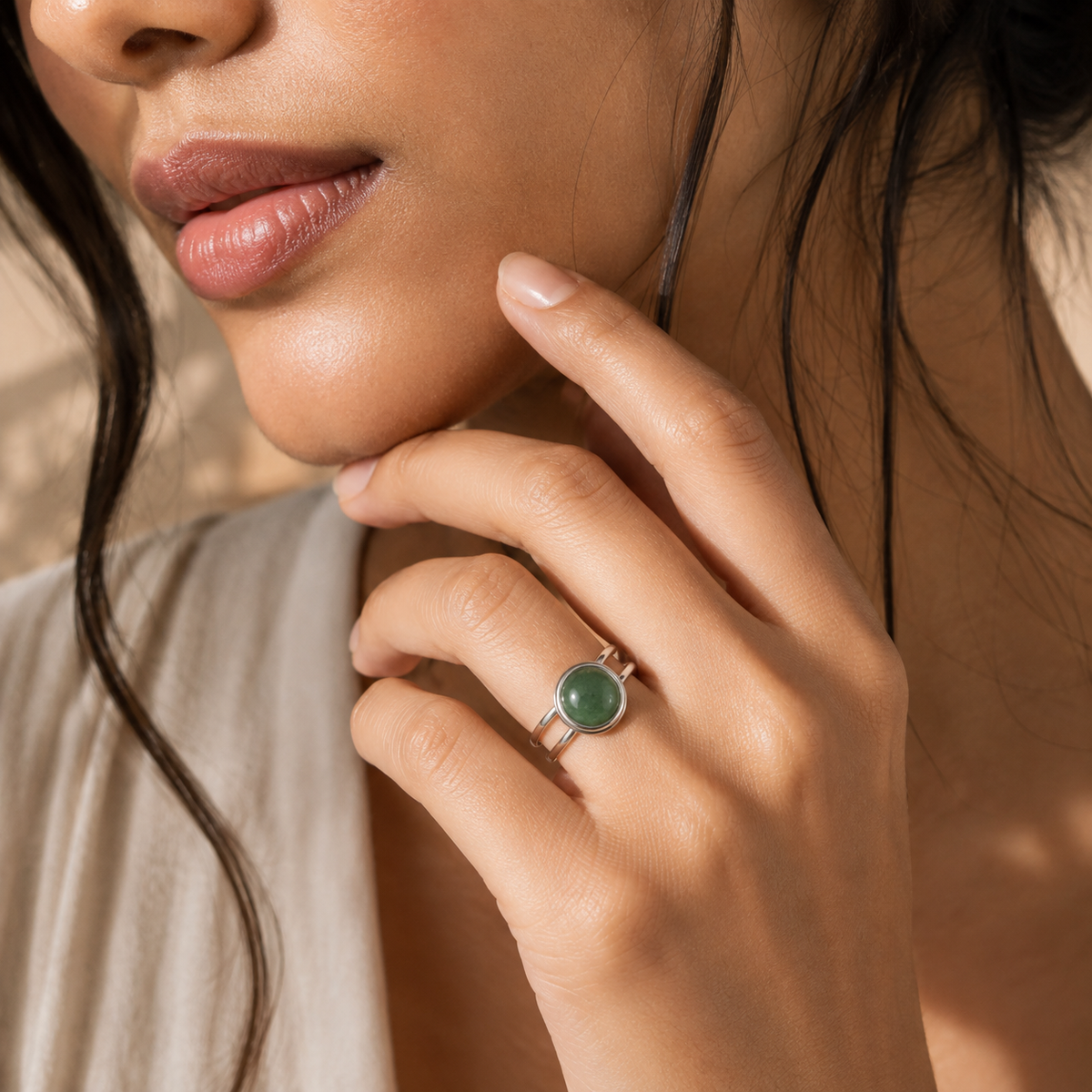 Adjustable Ring with Green Aventurine Stone| Silver Plated -For Women | Includes: Ring