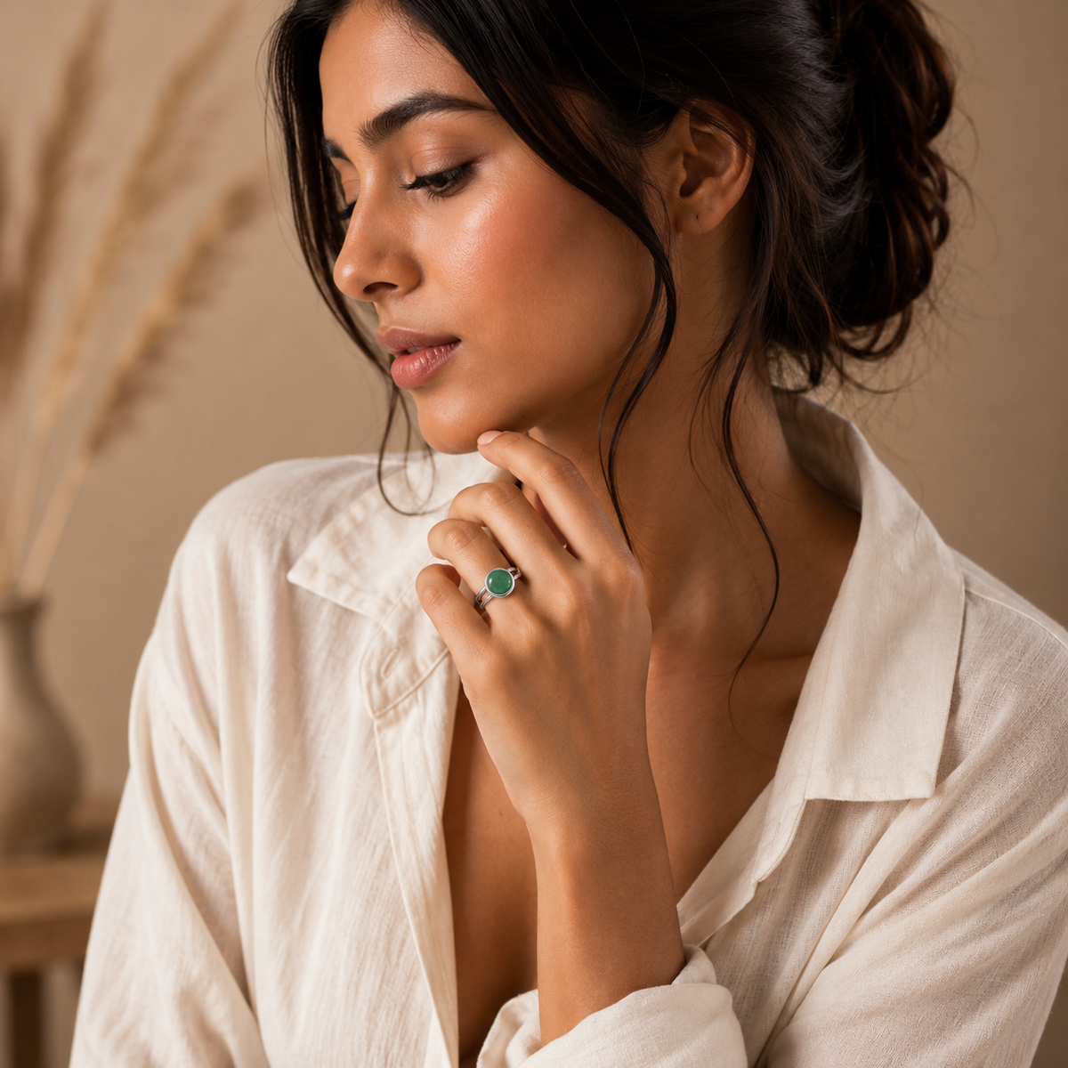 Adjustable Ring with Green Aventurine Stone| Silver Plated -For Women | Includes: Ring