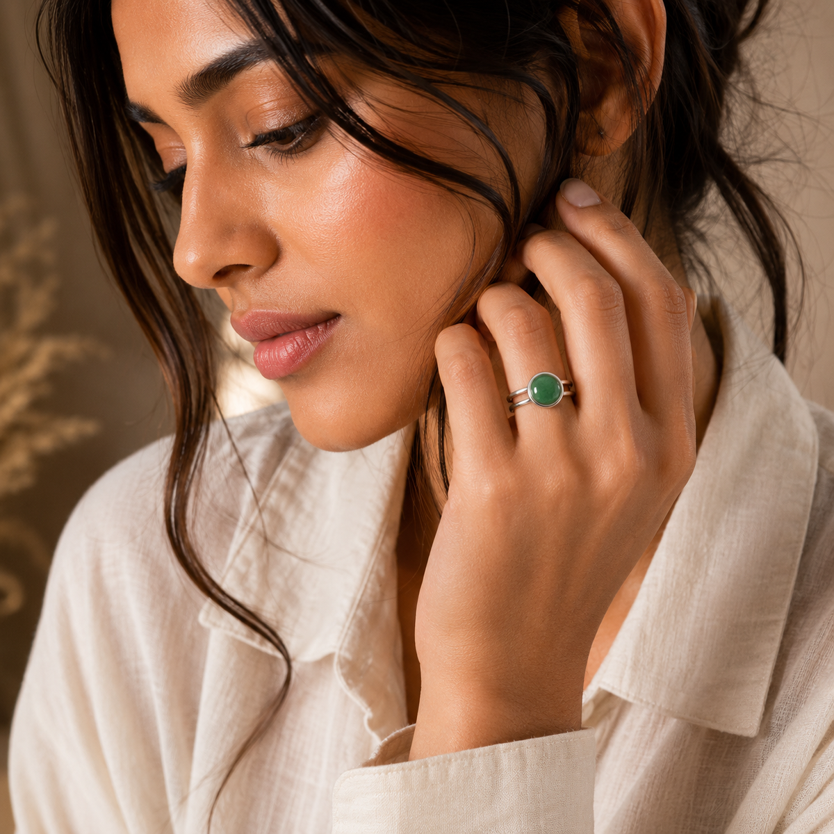 Adjustable Ring with Green Aventurine Stone| Silver Plated -For Women | Includes: Ring