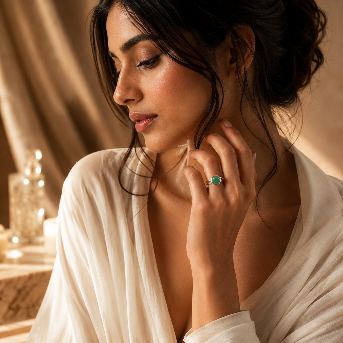 Adjustable Ring with Green Aventurine Stone| Silver Plated -For Women | Includes: Ring