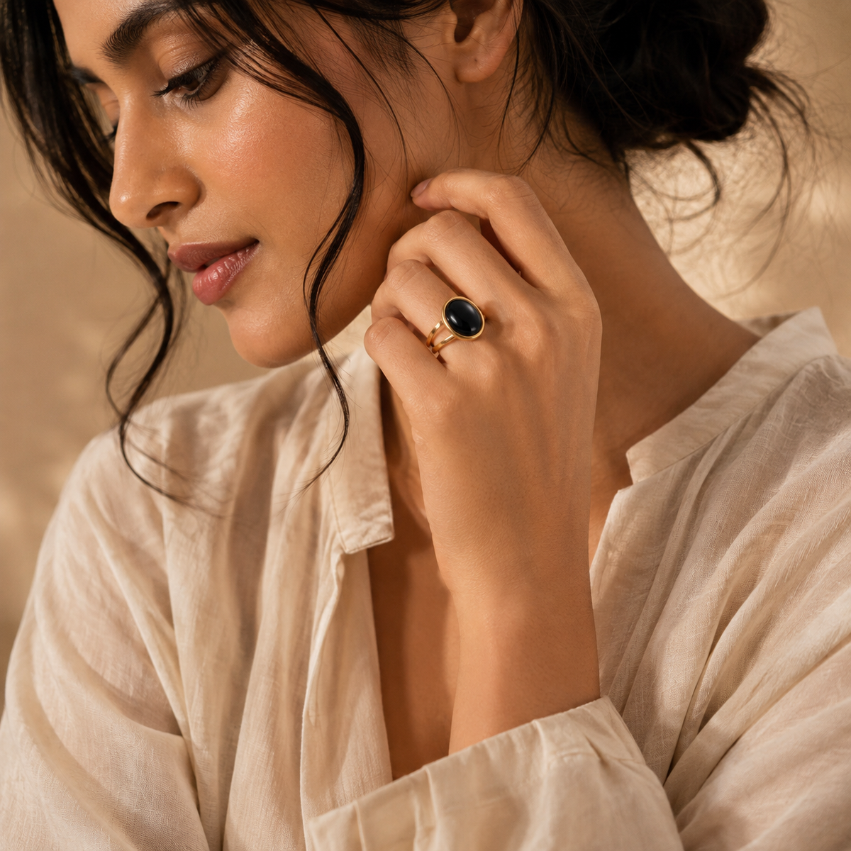 Black Onyx Stone Golden Dual Band Oval Ring | 18K Real Gold PVD Plated– For Women | Includes: Ring