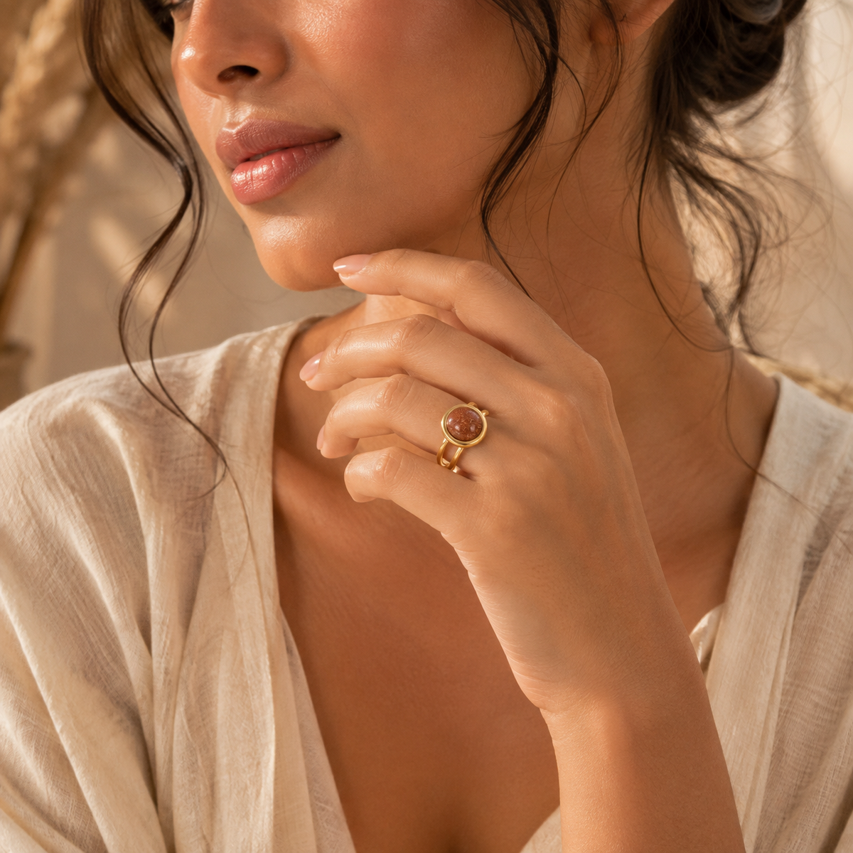 Sun Stone Flexi Size Golden Ring | 18K Real Gold PVD Plated– For Women | Includes: Ring