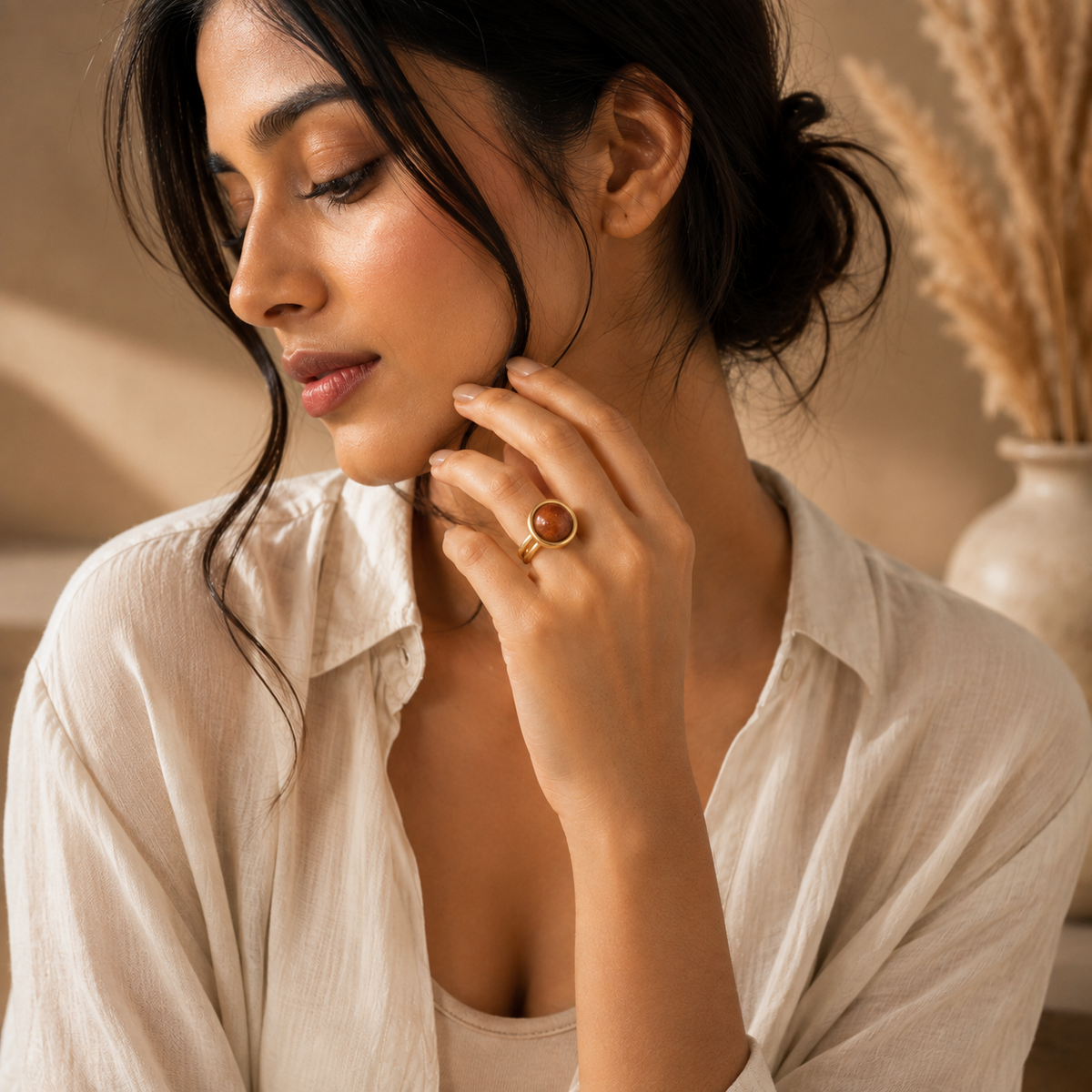 Sun Stone Flexi Size Golden Ring | 18K Real Gold PVD Plated– For Women | Includes: Ring