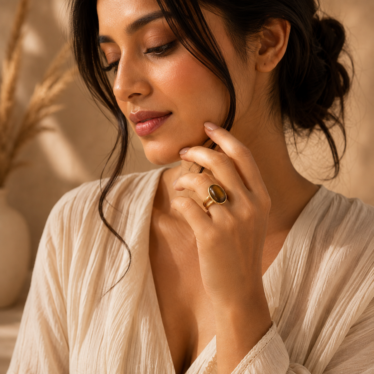 Cat's Eye Stone Golden Dual Band Oval Ring | 18K Real Gold PVD Plated– For Women | Includes: Ring