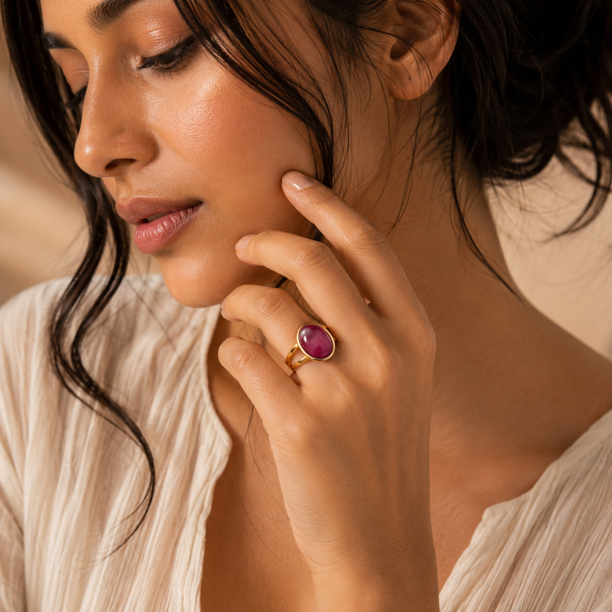 Pink Aventurine Stone Golden Dual Band Oval Ring | 18K Real Gold PVD Plated– For Women | Includes: Ring