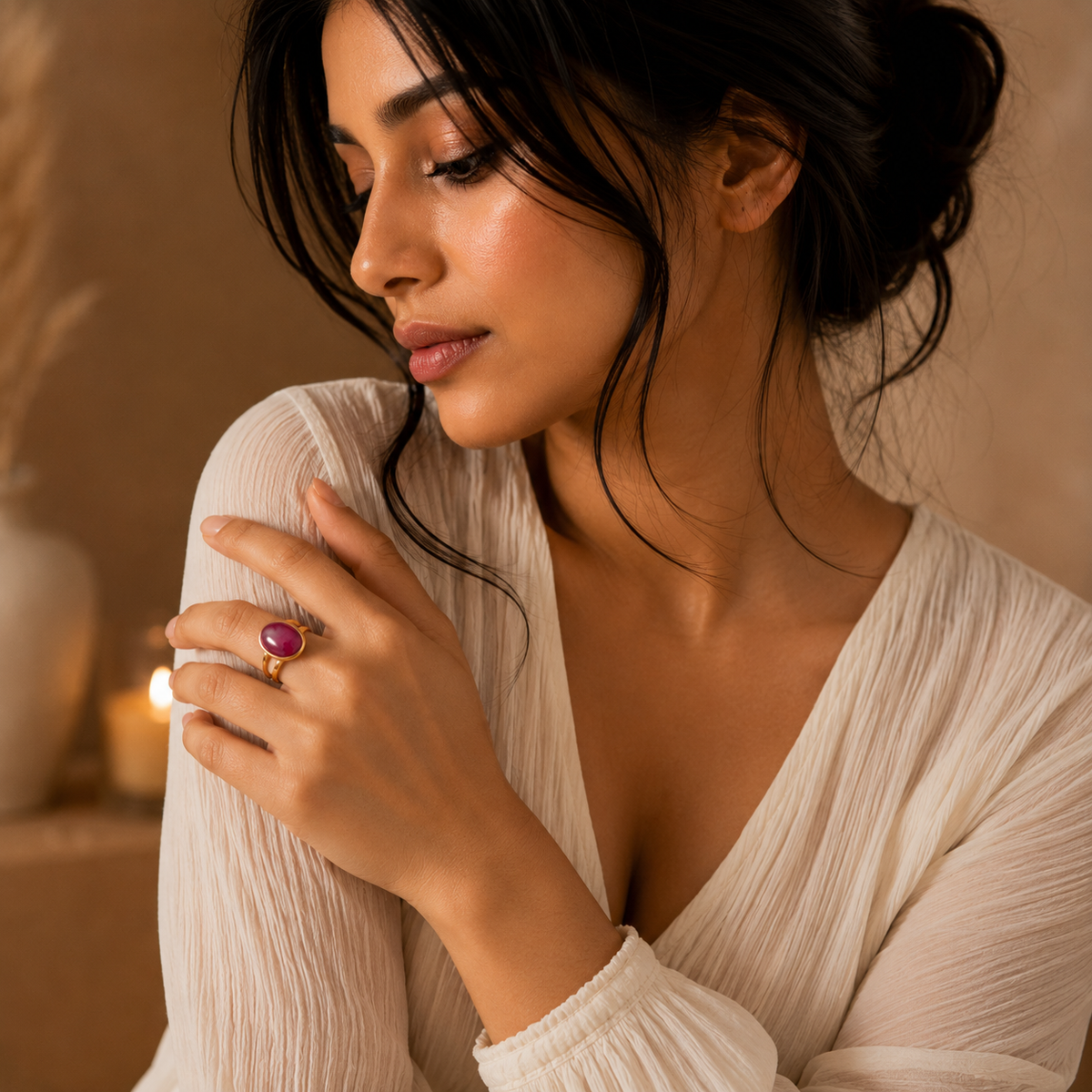 Pink Aventurine Stone Golden Dual Band Oval Ring | 18K Real Gold PVD Plated– For Women | Includes: Ring