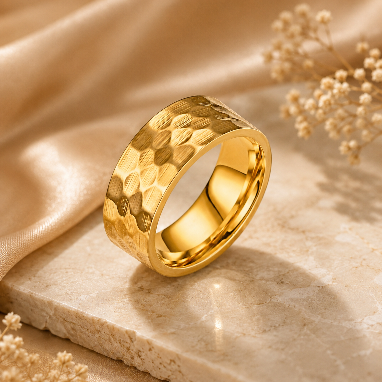 Hammered Titanium Steel Golden Ring | 18K Real Gold PVD Plated– For Women | Includes: Ring