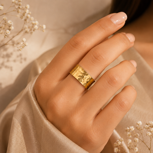 Hammered Titanium Steel Golden Ring | 18K Real Gold PVD Plated– For Women | Includes: Ring