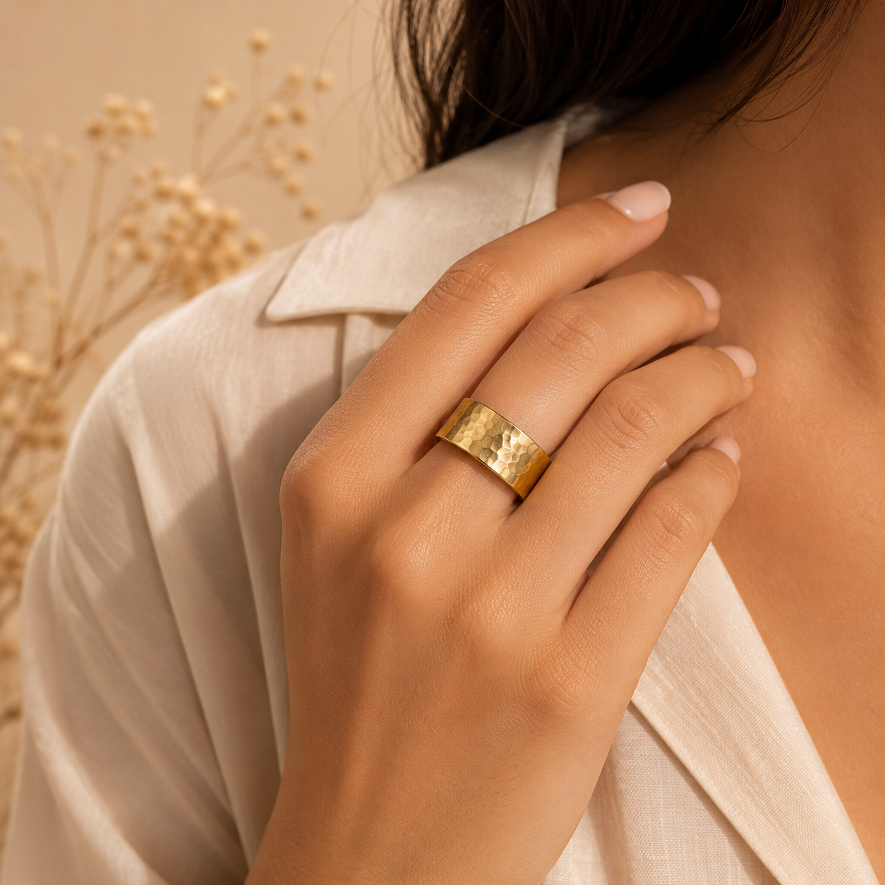 Hammered Titanium Steel Golden Ring | 18K Real Gold PVD Plated– For Women | Includes: Ring