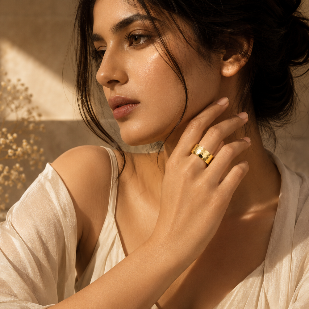Hammered Titanium Steel Golden Ring | 18K Real Gold PVD Plated– For Women | Includes: Ring