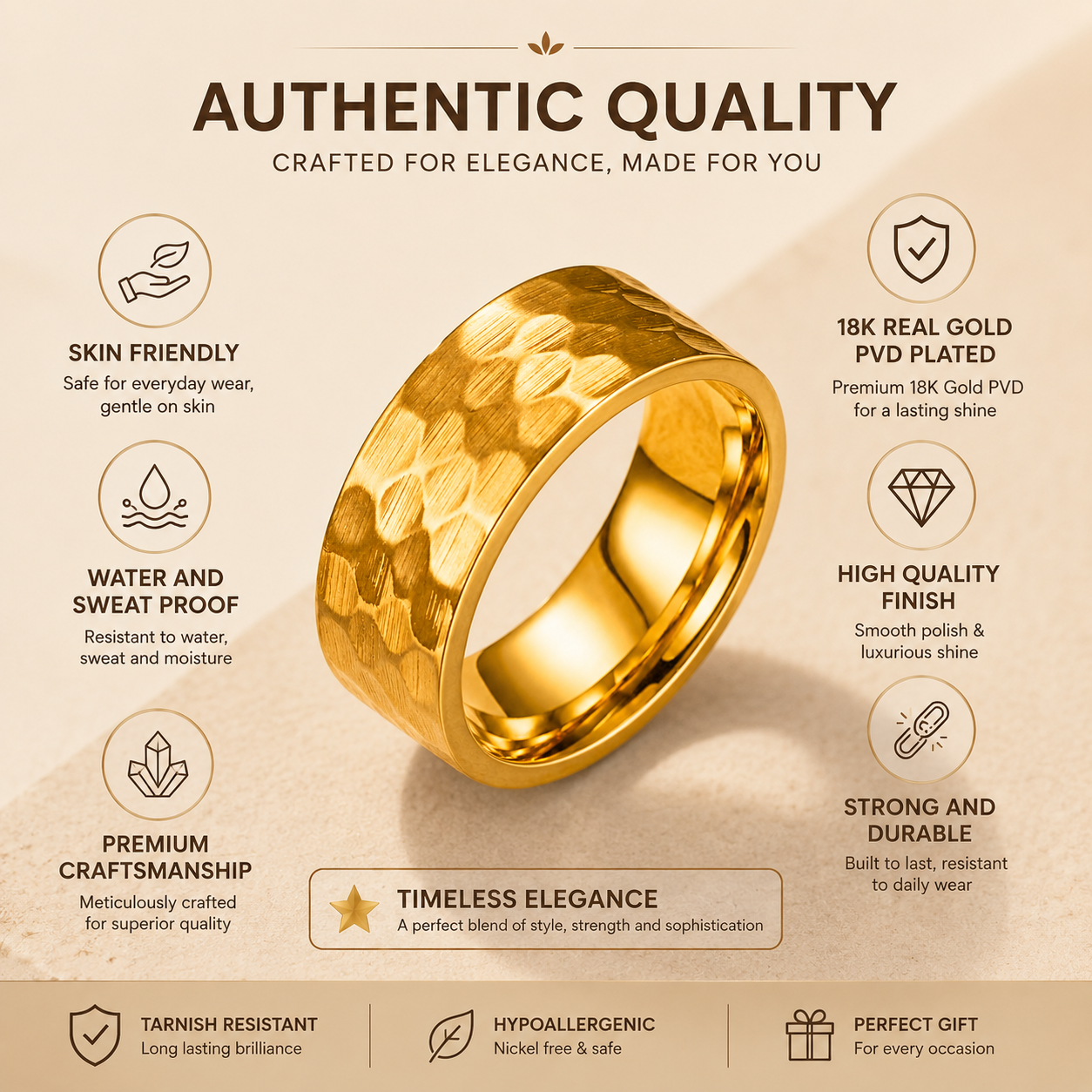 Hammered Titanium Steel Golden Ring | 18K Real Gold PVD Plated– For Women | Includes: Ring