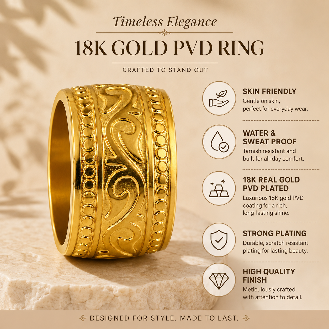 Golden Heritage Designer Steel Ring | 18K Real Gold PVD Plated – For Women | Includes: Ring