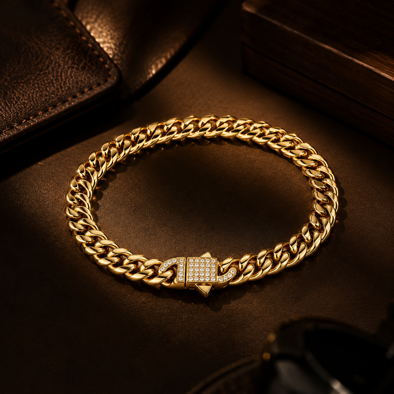 Designer Modern Real Golden Zircon clasp lean 6MM STANDARD Bracelet | 18K PVD Gold Plated- For Men | Includes: Bracelet