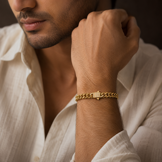 Designer Modern Real Golden Zircon clasp lean 6MM STANDARD Bracelet | 18K PVD Gold Plated- For Men | Includes: Bracelet