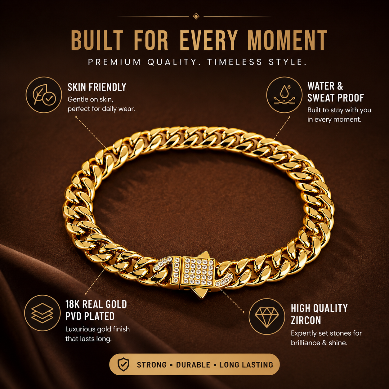 Designer Modern Real Golden Zircon clasp lean 6MM STANDARD Bracelet | 18K PVD Gold Plated- For Men | Includes: Bracelet