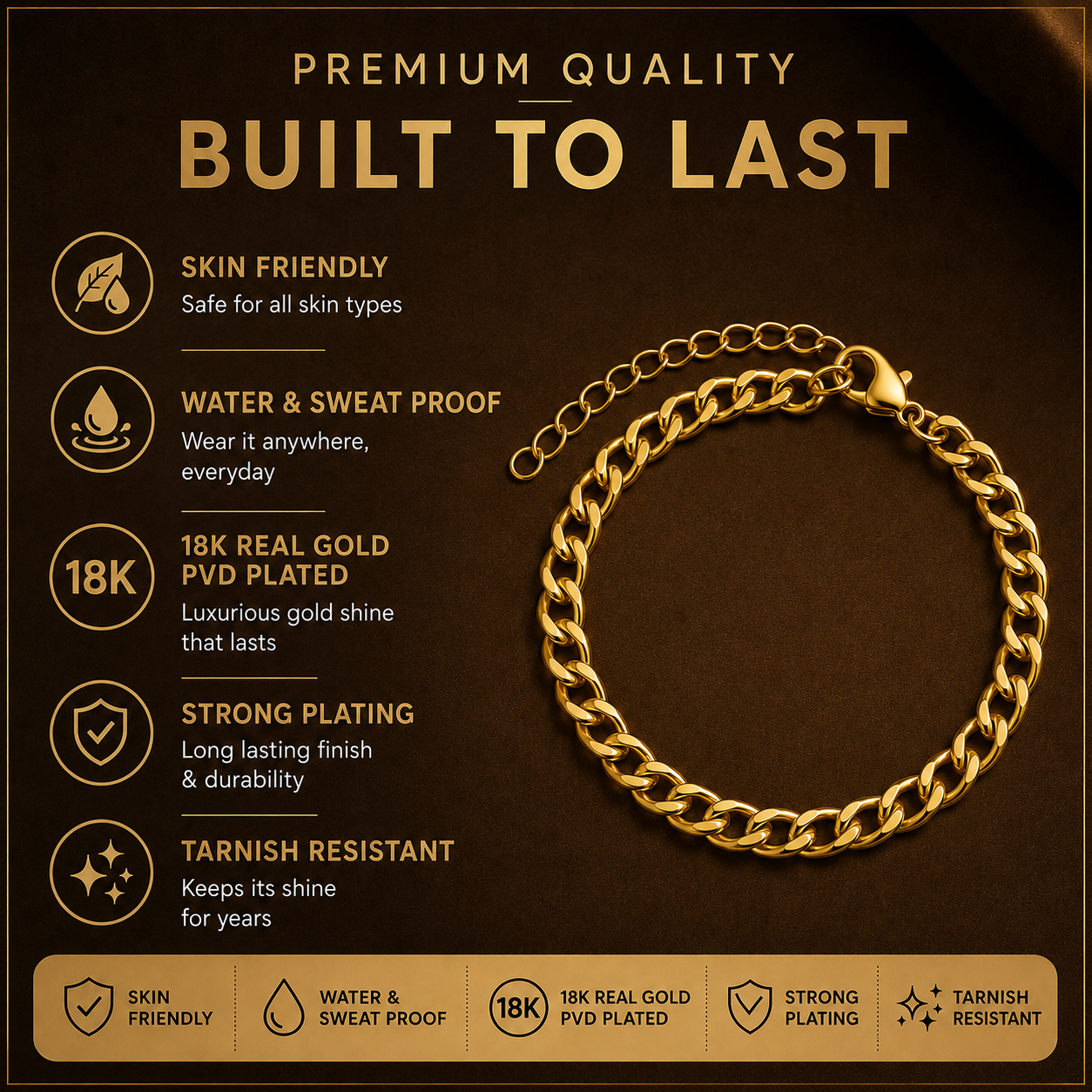 Golden Oval Link Design Flexi Size Steel Regular Bracelet (7MM) | 18K PVD Gold Plated- For Men | Includes: Bracelet