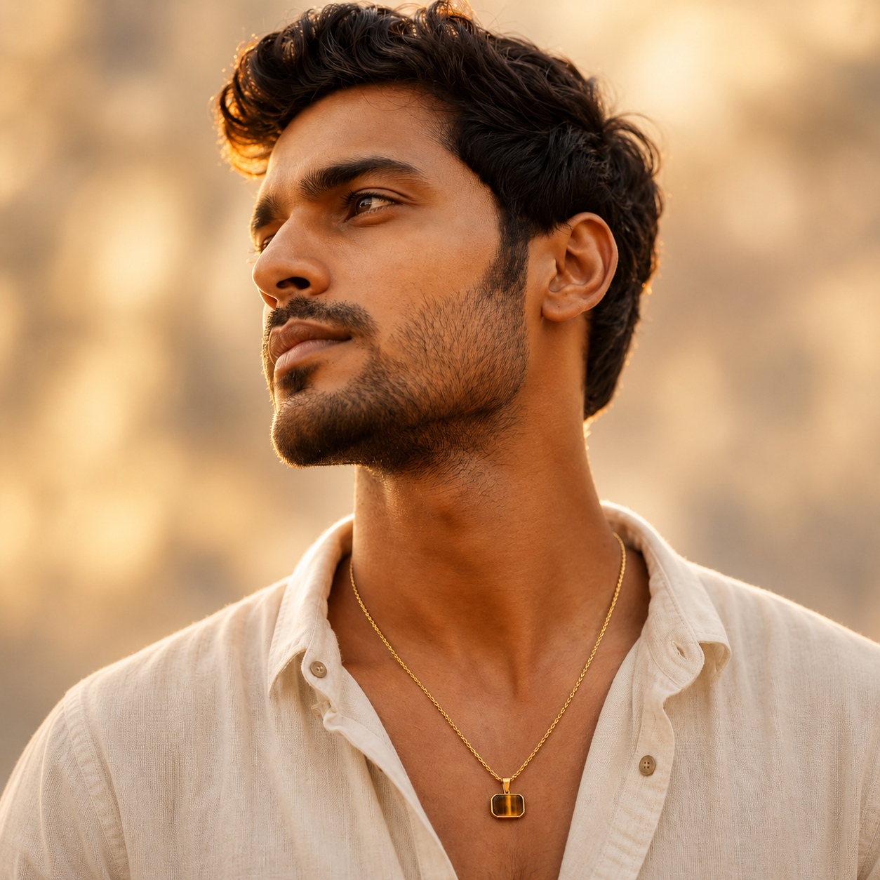 Tiger Eye REAL Stone Men's Necklace | 18K PVD Gold Plated - For Men| Includes: Necklace