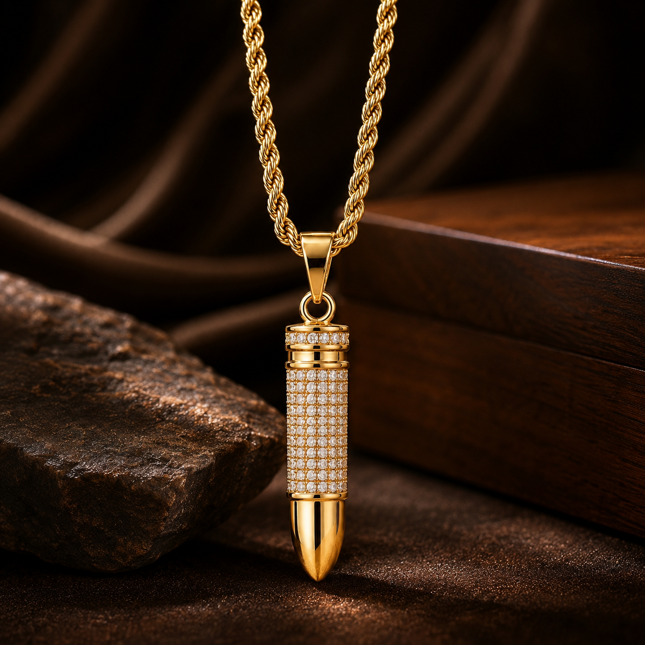 Ultra Posh Bullet Zircon Golden Necklace | 18K PVD REAL Gold Plated- For Men| Includes: Necklace