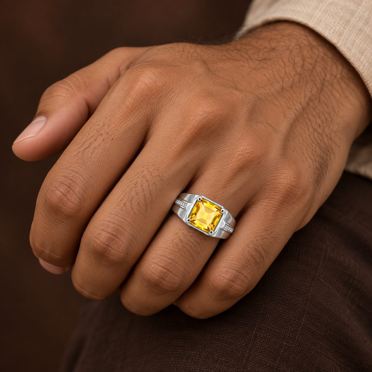 Square Yellow Statement Ring | Silver-Tone – For Men | Includes: Ring