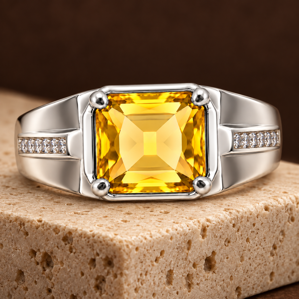 Square Yellow Statement Ring | Silver-Tone – For Men | Includes: Ring