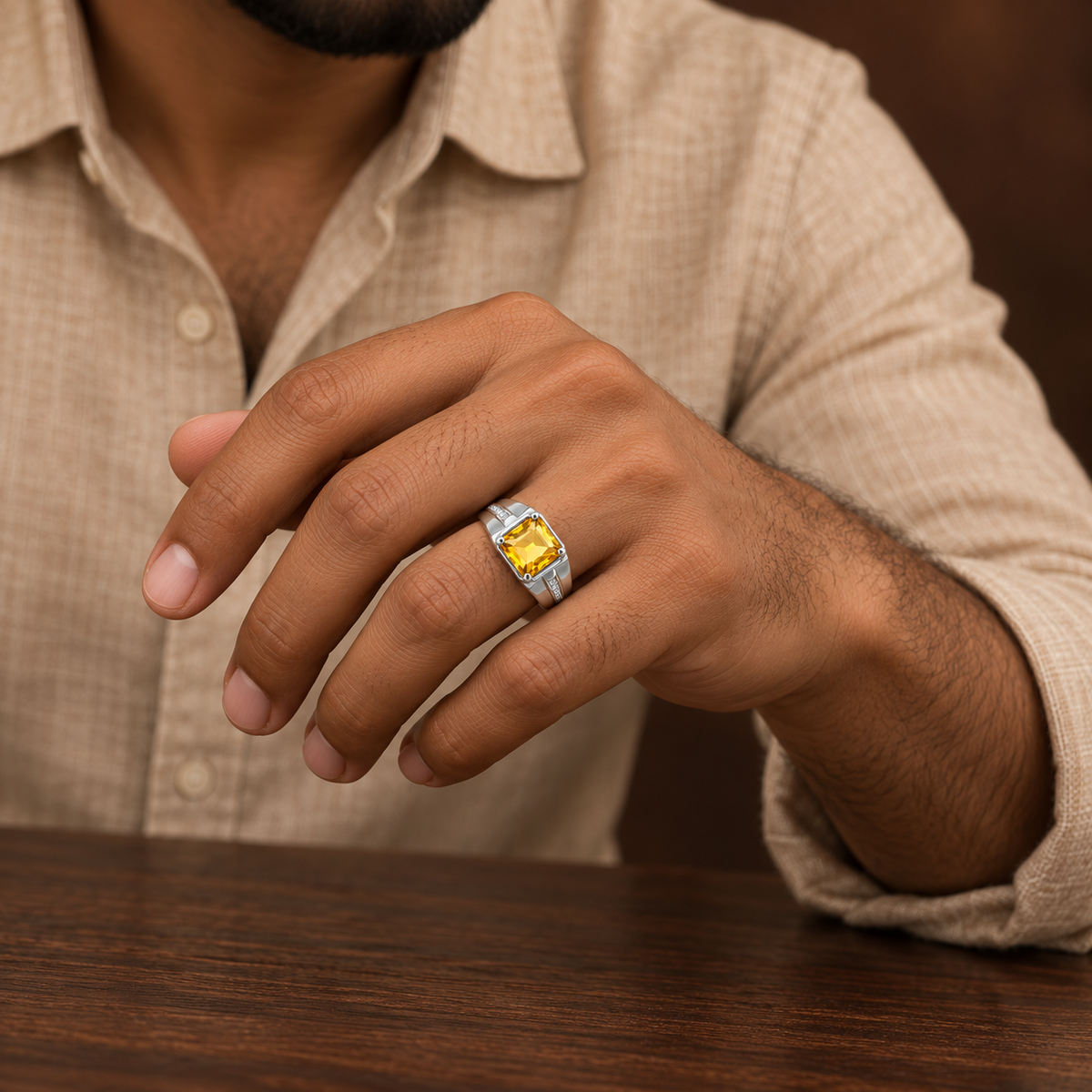 Square Yellow Statement Ring | Silver-Tone – For Men | Includes: Ring