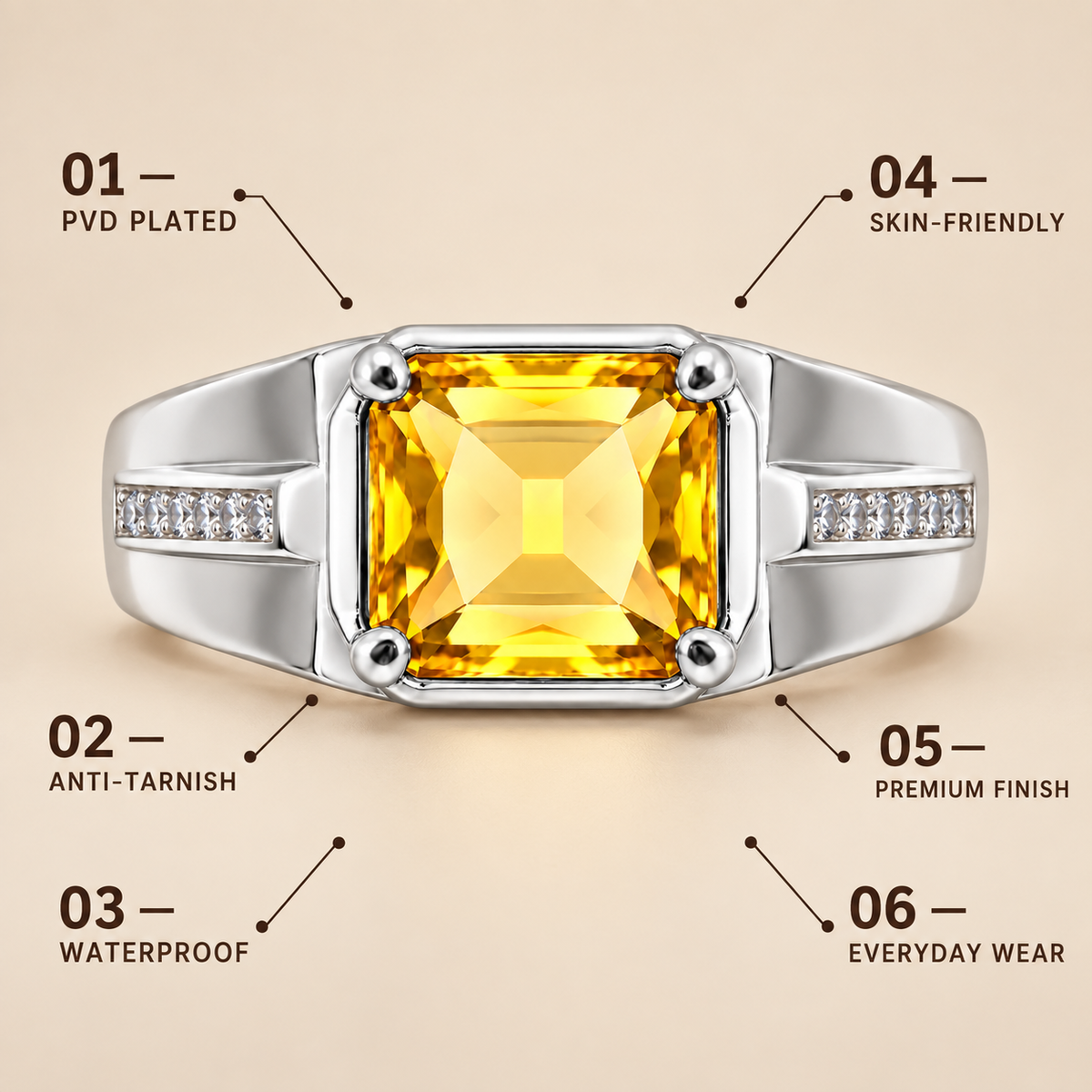 Square Yellow Statement Ring | Silver-Tone – For Men | Includes: Ring