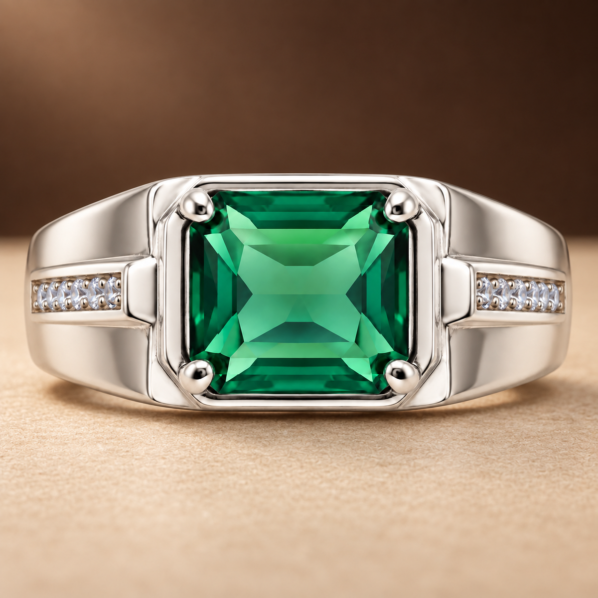 Square Green Statement Ring | Silver-Tone – For Men | Includes: Ring