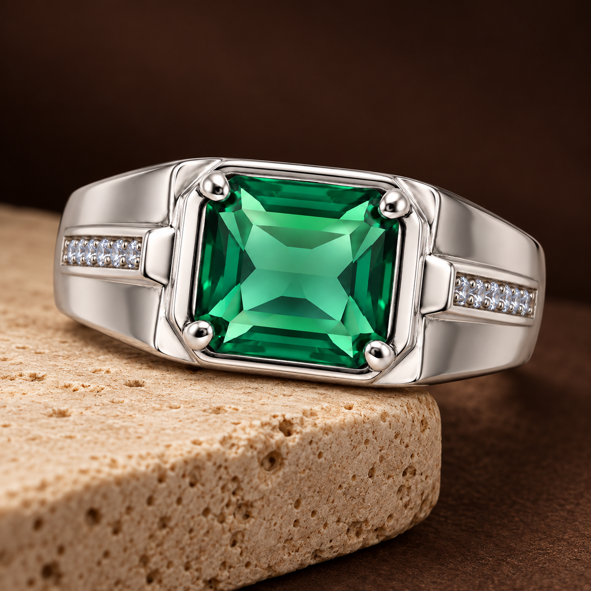 Square Green Statement Ring | Silver-Tone – For Men | Includes: Ring