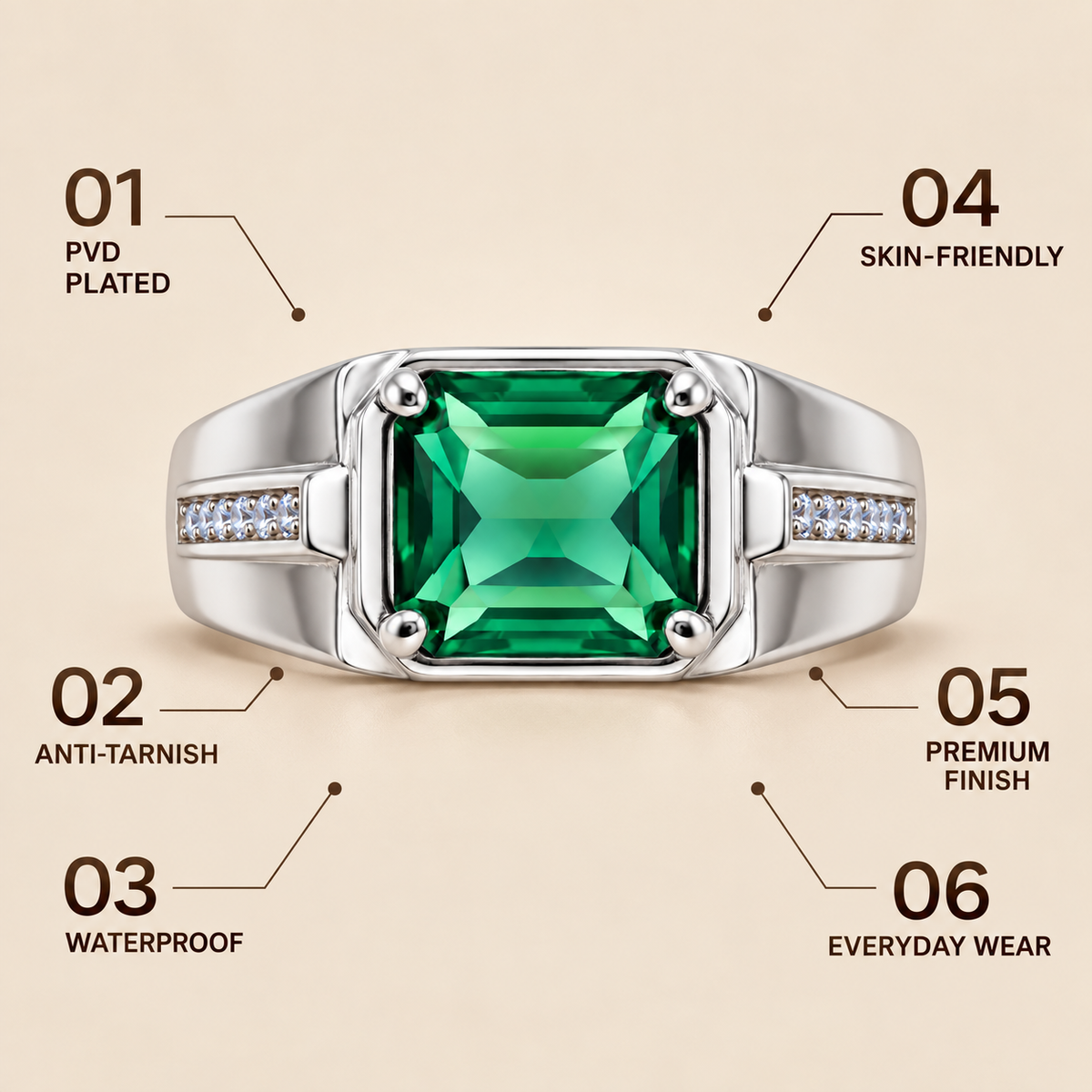 Square Green Statement Ring | Silver-Tone – For Men | Includes: Ring