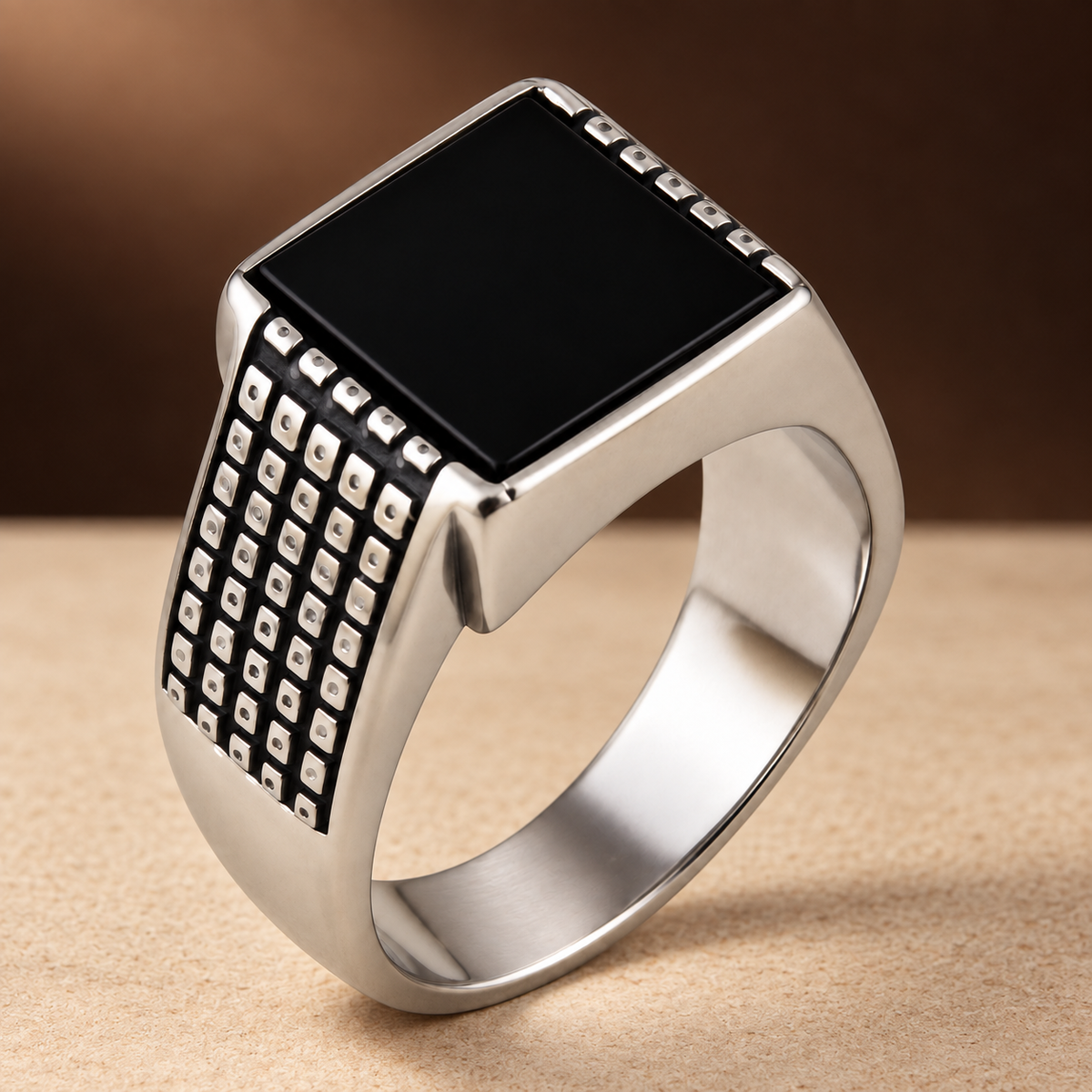 Black Square Grid Signet Ring | Silver-Tone – For Men | Includes: Ring