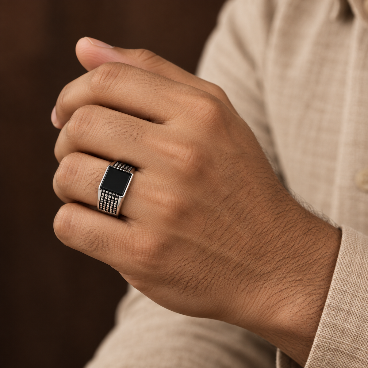 Black Square Grid Signet Ring | Silver-Tone – For Men | Includes: Ring
